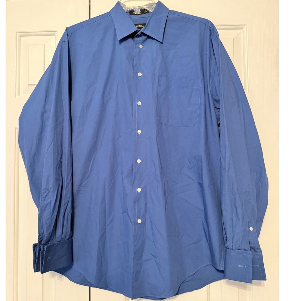 Nautica Men's Solid Blue Dress Shirt, Size 17 36/37